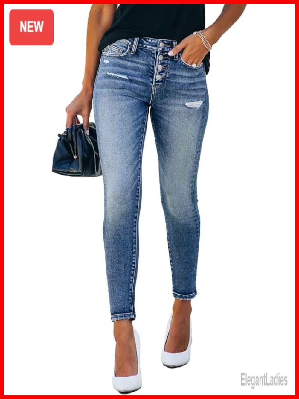 High Rise Skinny Stretch Button Ripped Jeans Distressed Denim Pants